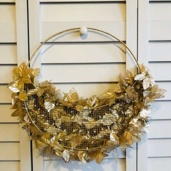 Gold Leaf Sparkle Metallic Fancy Floral Decor Christmas NYE Holiday Wreath - Picture 4 of 4